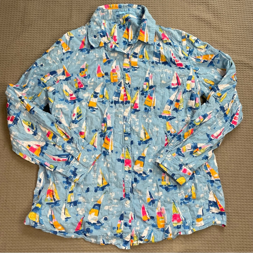 J.McLaughlin Nautical Sailboat Blouse Shirt XL Seersucker Cotton Stretch Blue